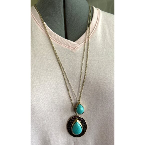 Gold-Tone Double Layer Necklace Faux Turquoise Teardrop Pendants Hammered Metal - Picture 1 of 7
